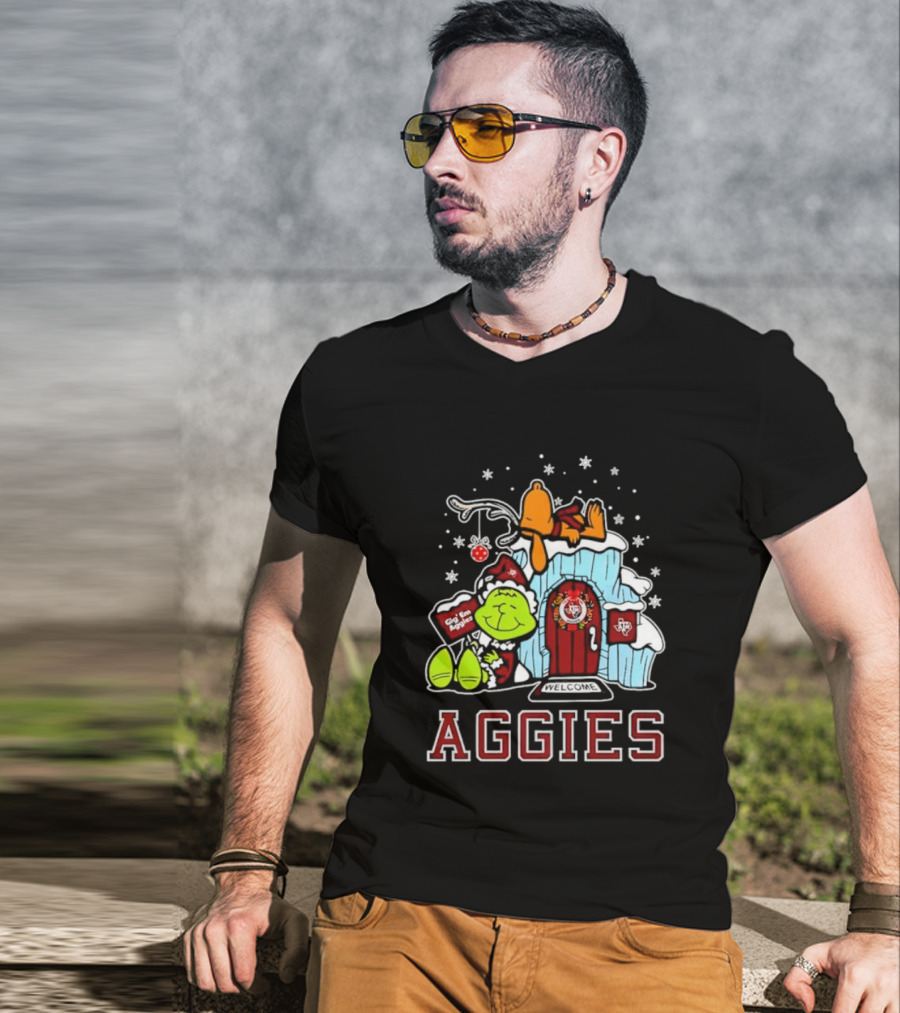 Peanuts Aggies Grinch Snoopy Christmas Hut Texas Holiday T-Shirt
