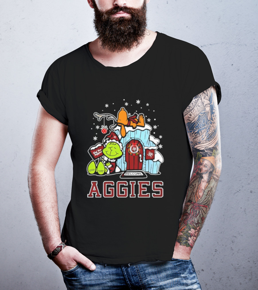 Peanuts Aggies Grinch Snoopy Christmas Hut Texas Holiday T-Shirt