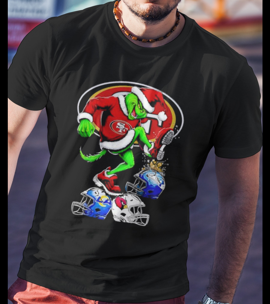 San Francisco 49ers Grinch In Santa Suit Stomps NFL Helmets Rams Cardinals Christmas T-Shirt