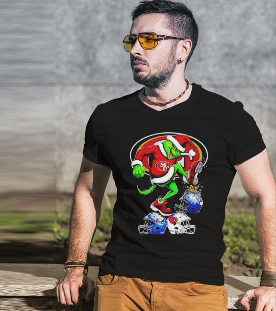 San Francisco 49ers Grinch In Santa Suit Stomps NFL Helmets Rams Cardinals Christmas T-Shirt