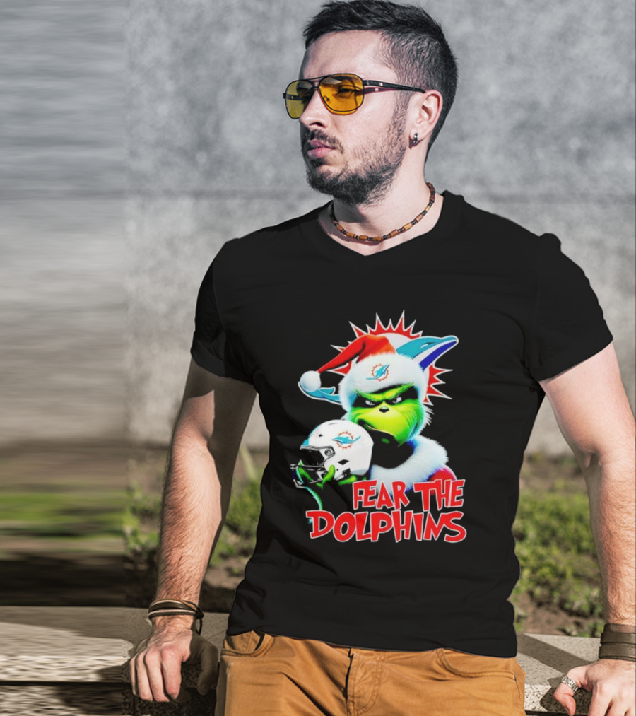 Fear The Dolphins Grinch Santa Miami NFL T-Shirt