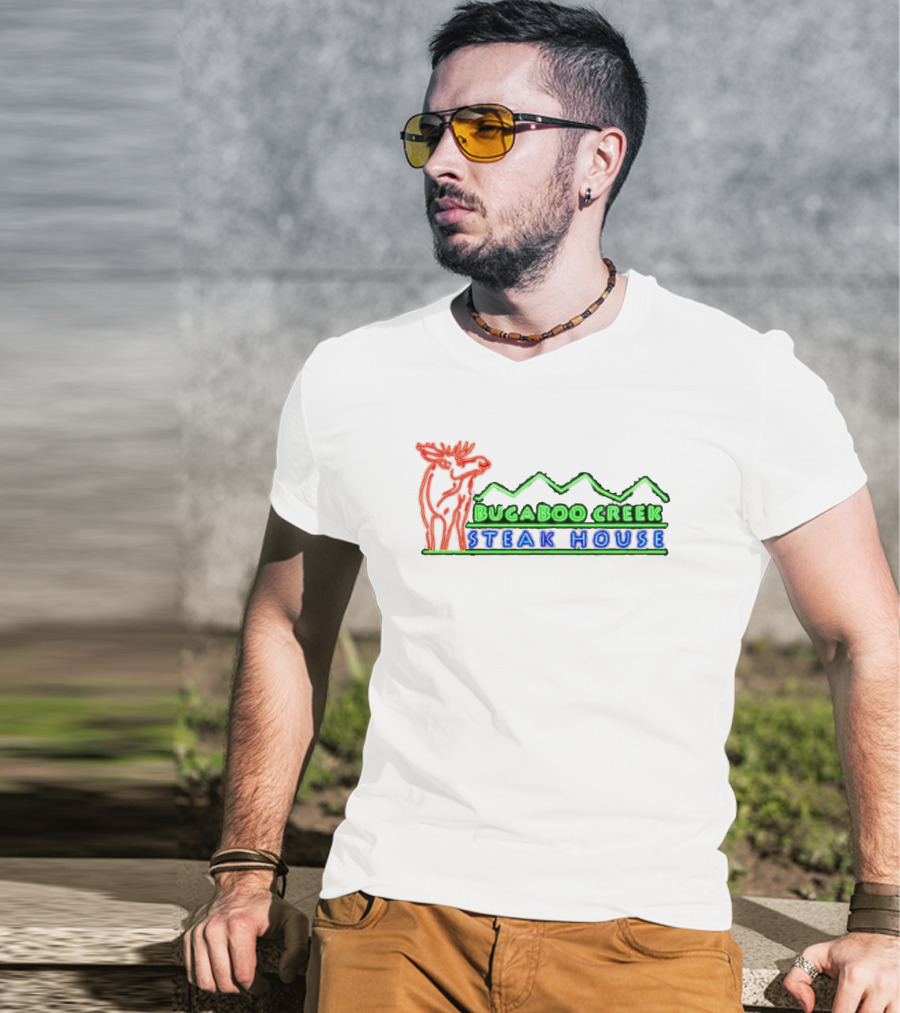 Bugaboo Creek Steakhouse Neon Logo With Moose And Mountain T-Shirt