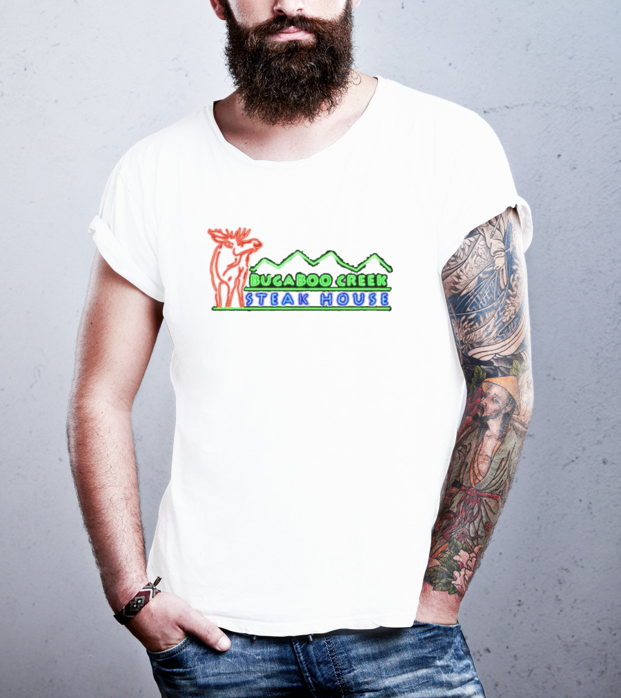 Bugaboo Creek Steakhouse Neon Logo With Moose And Mountain T-Shirt