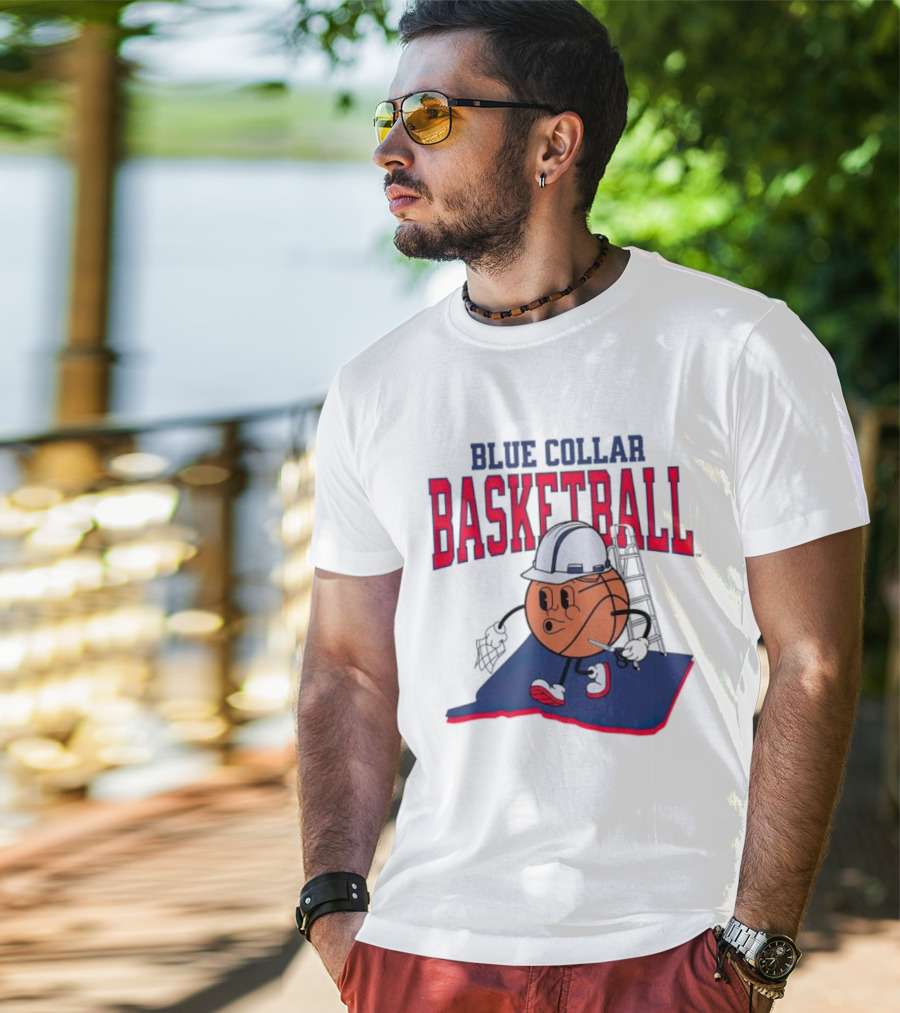 Blue Collar Basketball Hard Hat Hoop Cartoon T-Shirt