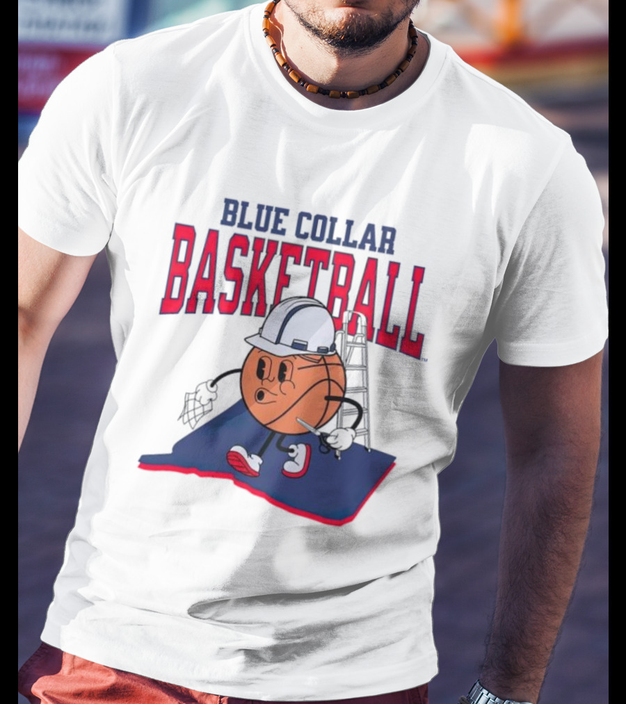 Blue Collar Basketball Hard Hat Hoop Cartoon T-Shirt