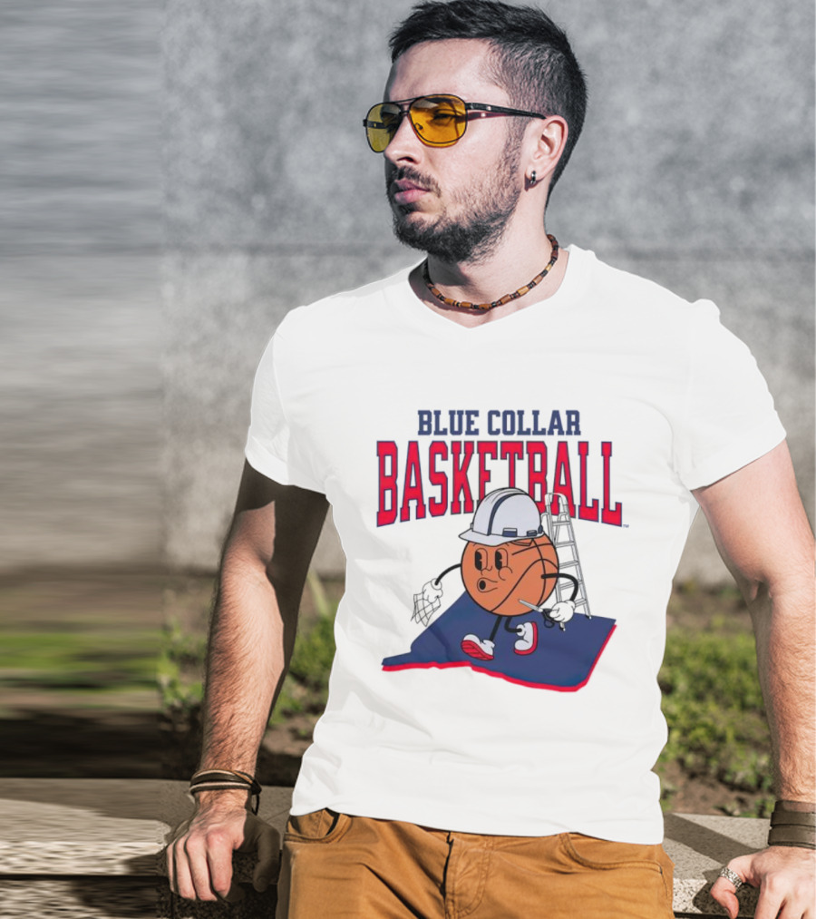 Blue Collar Basketball Hard Hat Hoop Cartoon T-Shirt