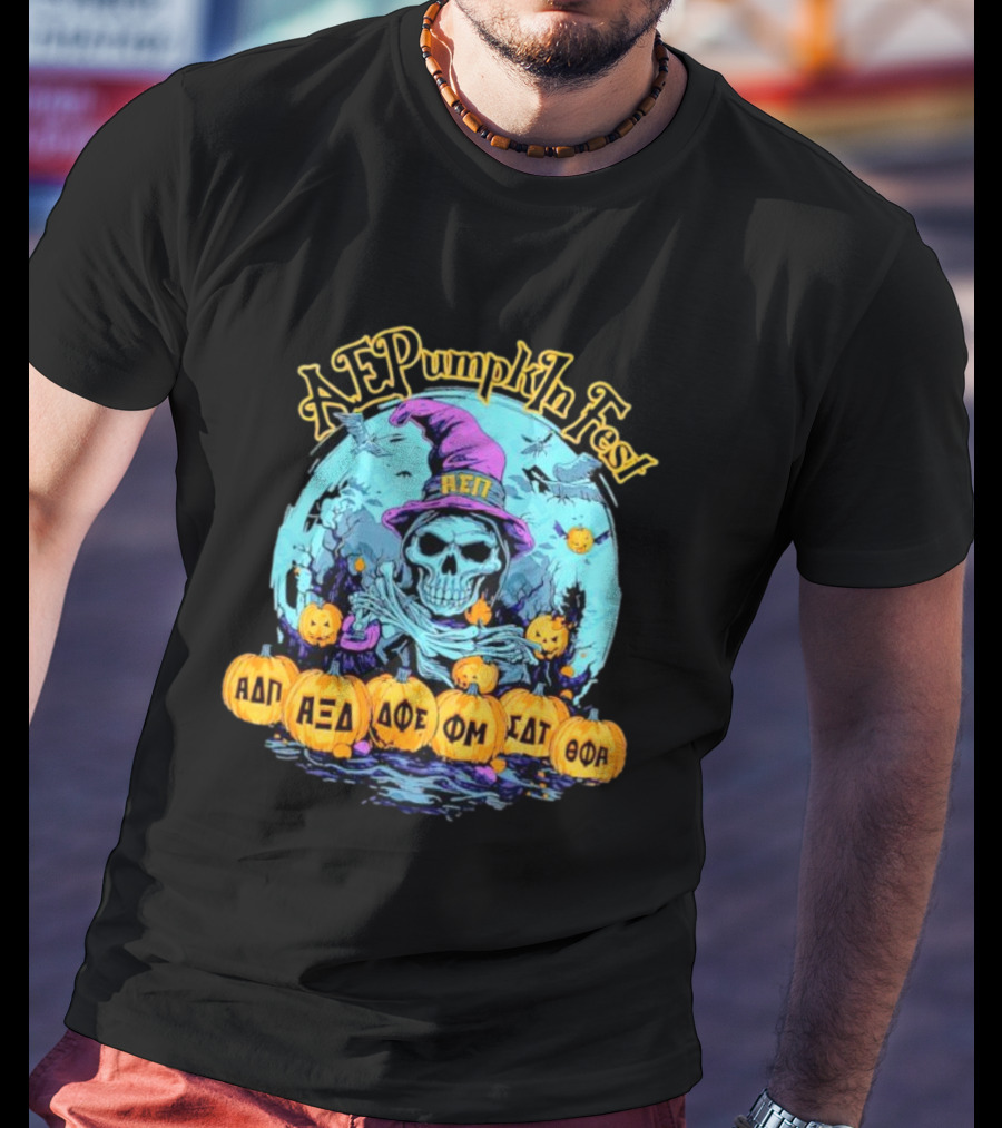 AEP Pumpkin Fest Skull With Halloween Theme And Greek Letters T-Shirt