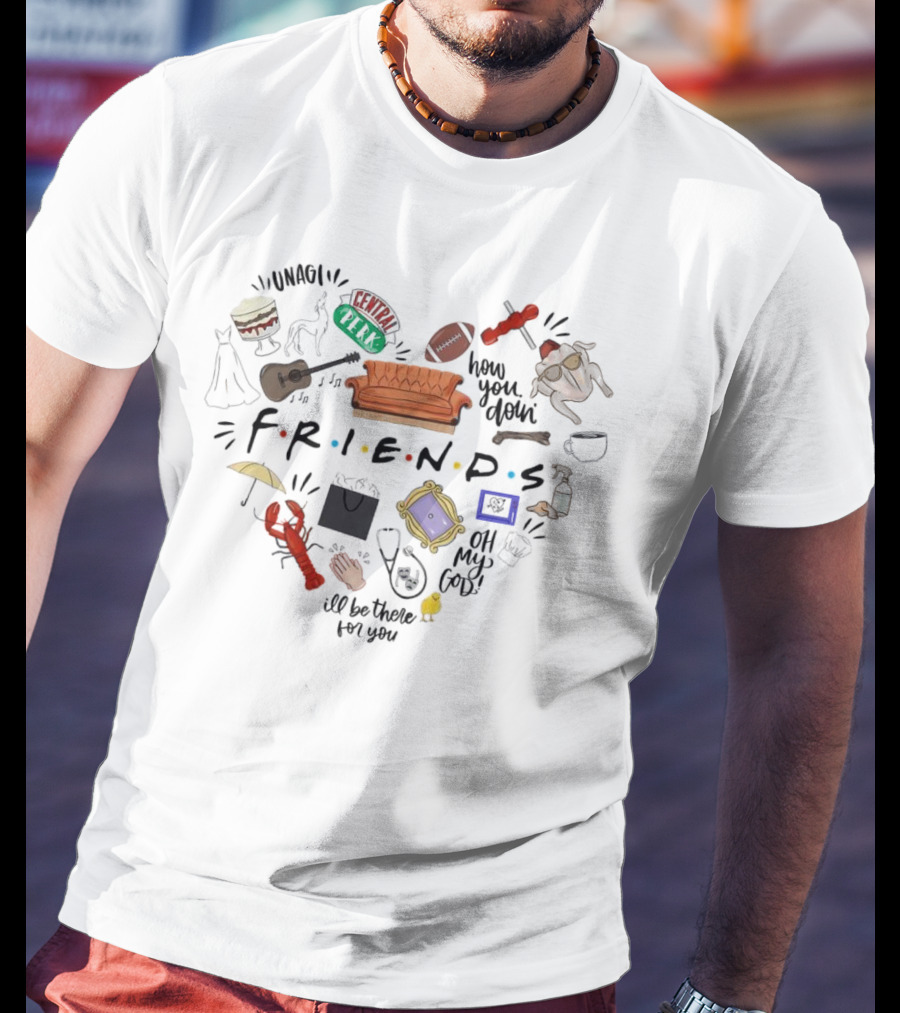 Friends TV Show Christmas Icons Unagi Central Perk Couch Football Turkey How You Doin' I'll Be There For You T-Shirt