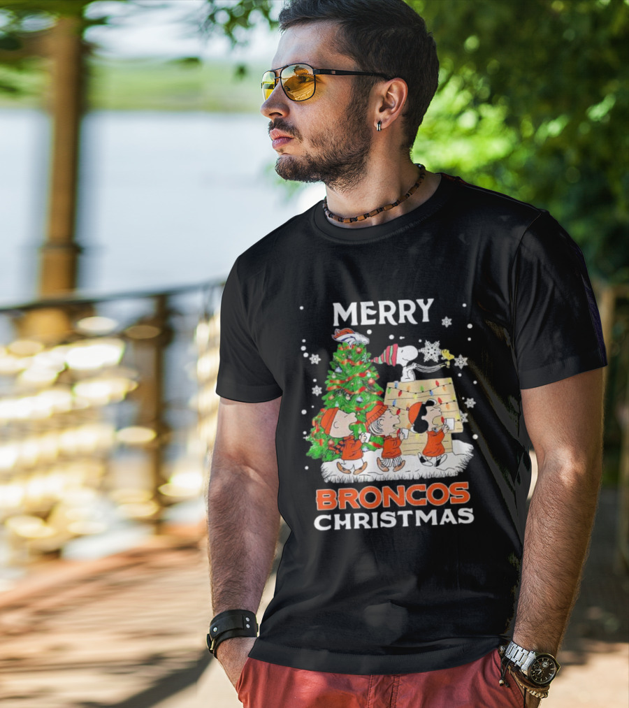 Merry Broncos Christmas Peanuts Characters T-Shirt
