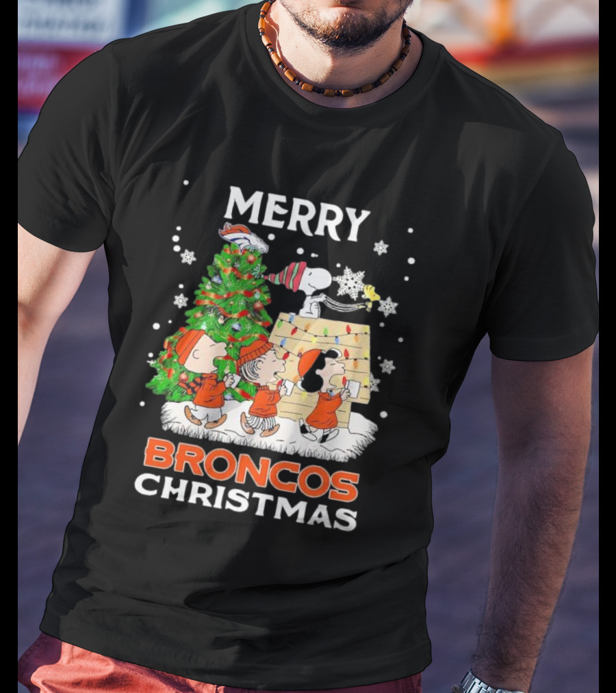 Merry Broncos Christmas Peanuts Characters T-Shirt