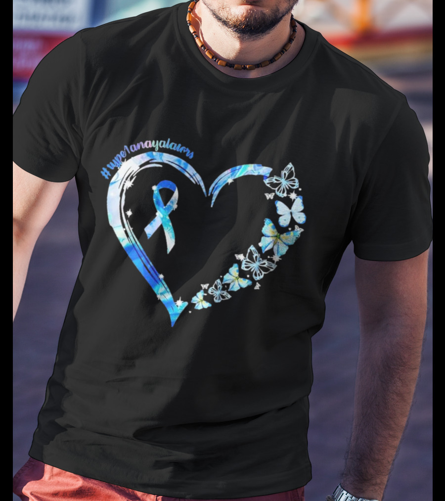 Type1Namayalars Diabetes Awareness Heart With Blue Ribbon And Butterflies T-Shirt