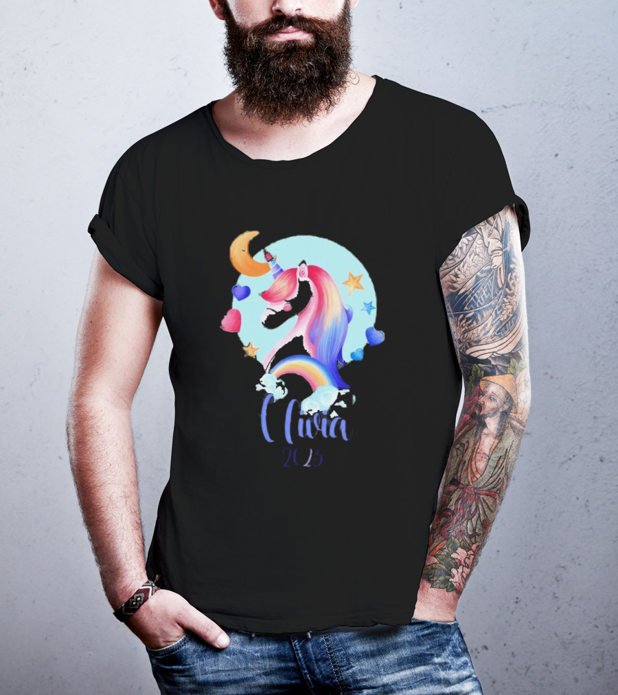 Olivia 2025 Rainbow Unicorn Hearts And Stars Christmas T-Shirt