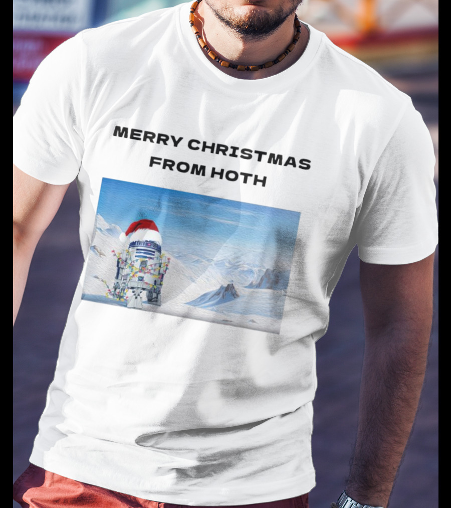 R2-D2 Merry Christmas From Hoth Santa Hat Lights Snowy Scene T-Shirt