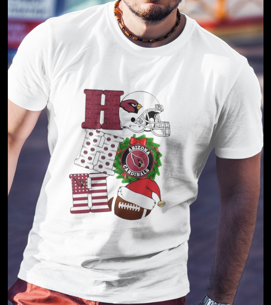 Arizona Cardinals Helmet Wreath Football Ho Ho Ho Merry Christmas T-Shirt