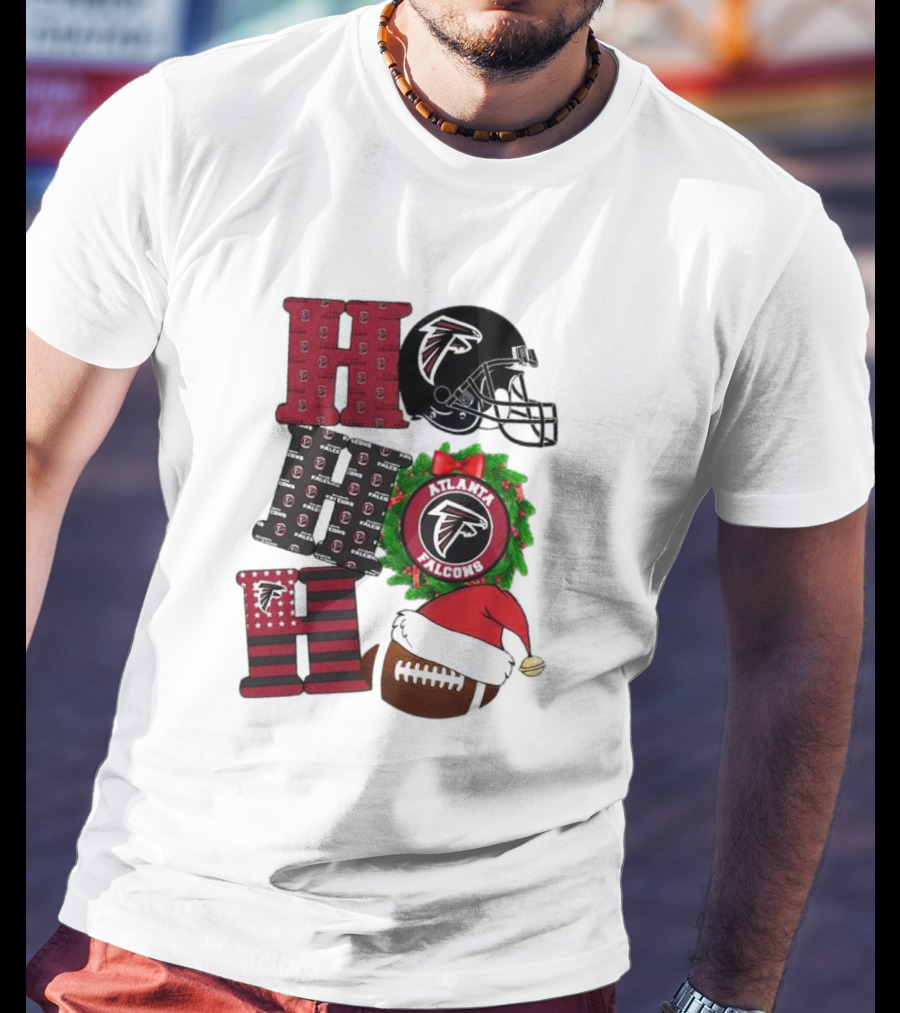 Atlanta Falcons Ho Ho Ho Merry Christmas Football Helmet Wreath Santa Hat T-Shirt