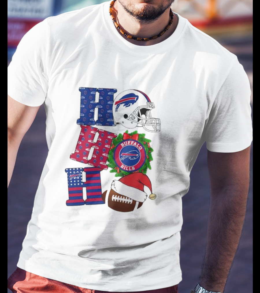 Buffalo Bills Helmet Wreath Football Santa Hat Ho Ho Ho Merry Christmas T-Shirt