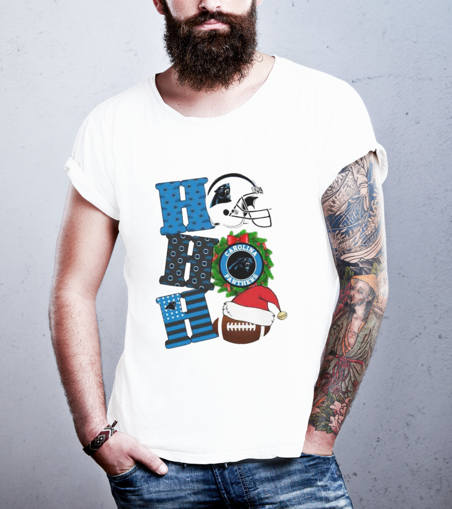 Carolina Panthers Ho Ho Ho Merry Christmas Football Helmet Wreath Santa Hat T-Shirt