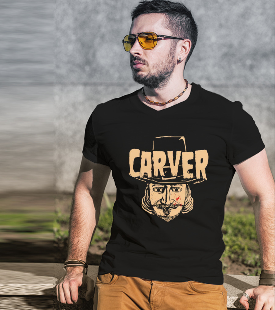 Carver Thanksgiving Pilgrim Hat Bearded Man Face T-Shirt