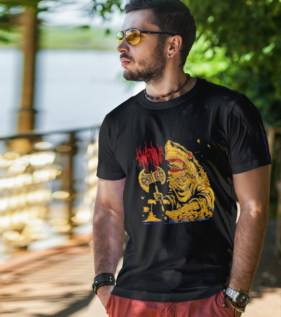 Chat Pile Shark With Axe On Tropical Beach T-Shirt