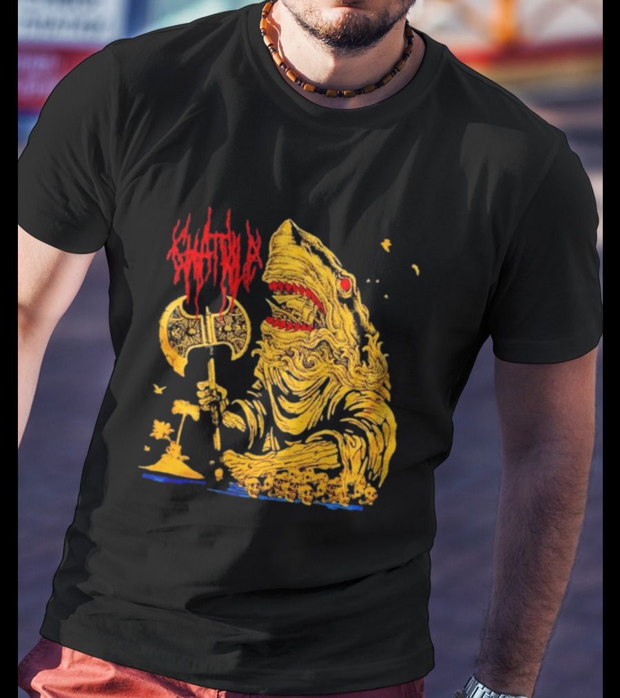 Chat Pile Shark With Axe On Tropical Beach T-Shirt