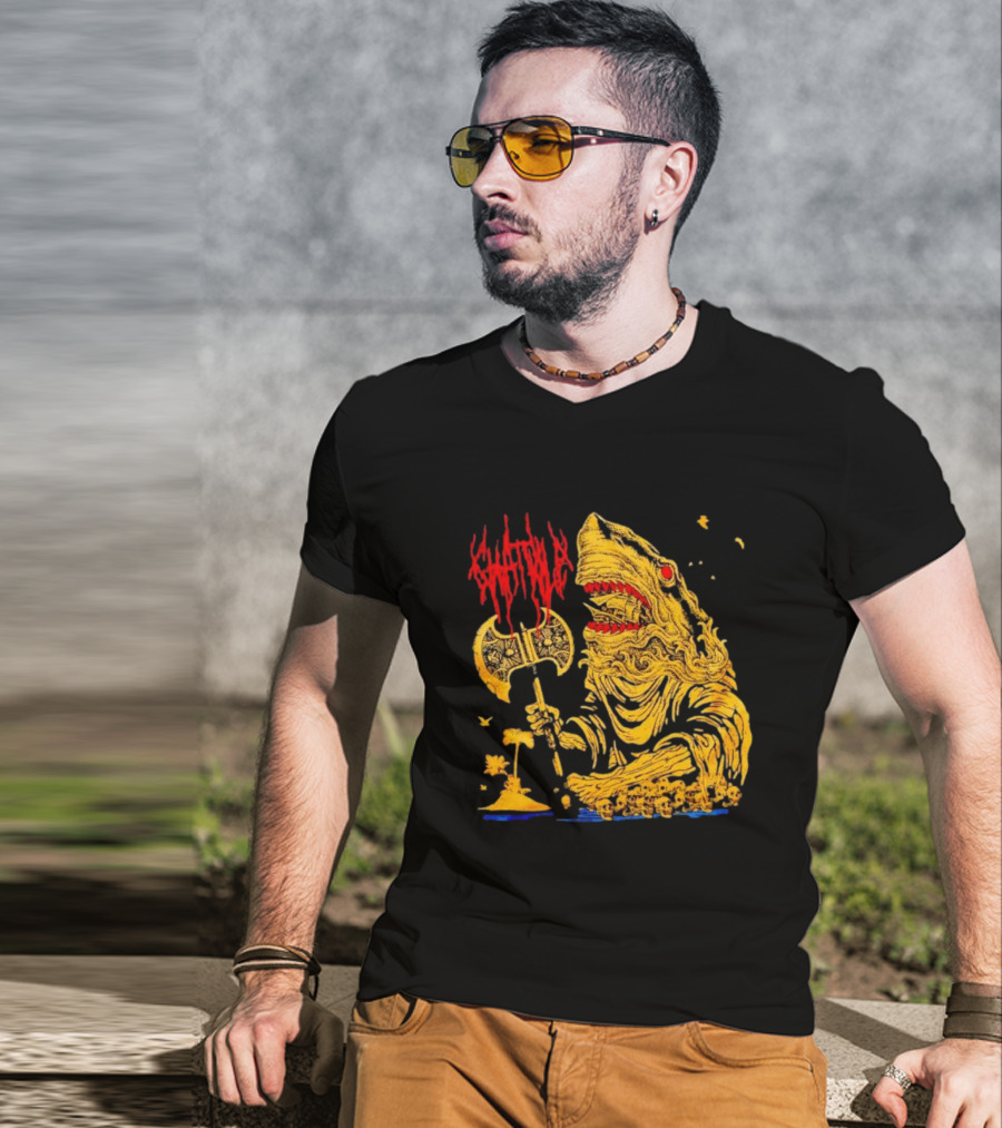 Chat Pile Shark With Axe On Tropical Beach T-Shirt