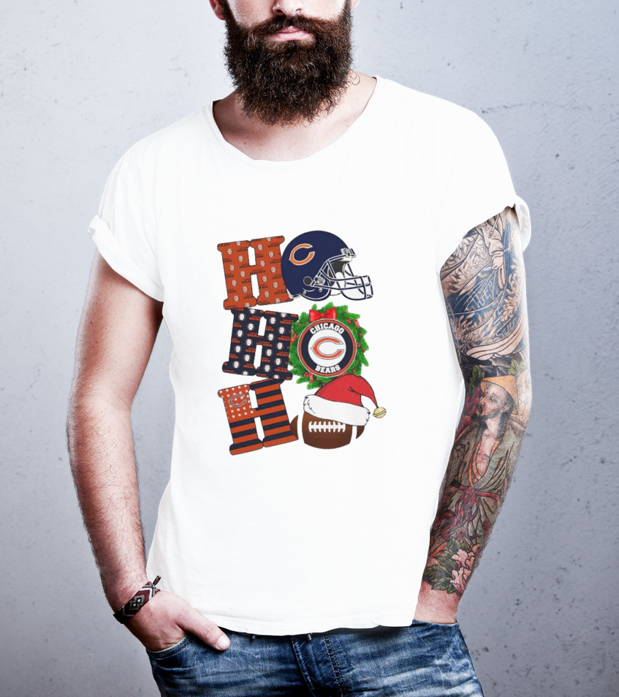 Chicago Bears Ho Ho Ho Merry Christmas Football Helmet Wreath Santa Hat T-Shirt