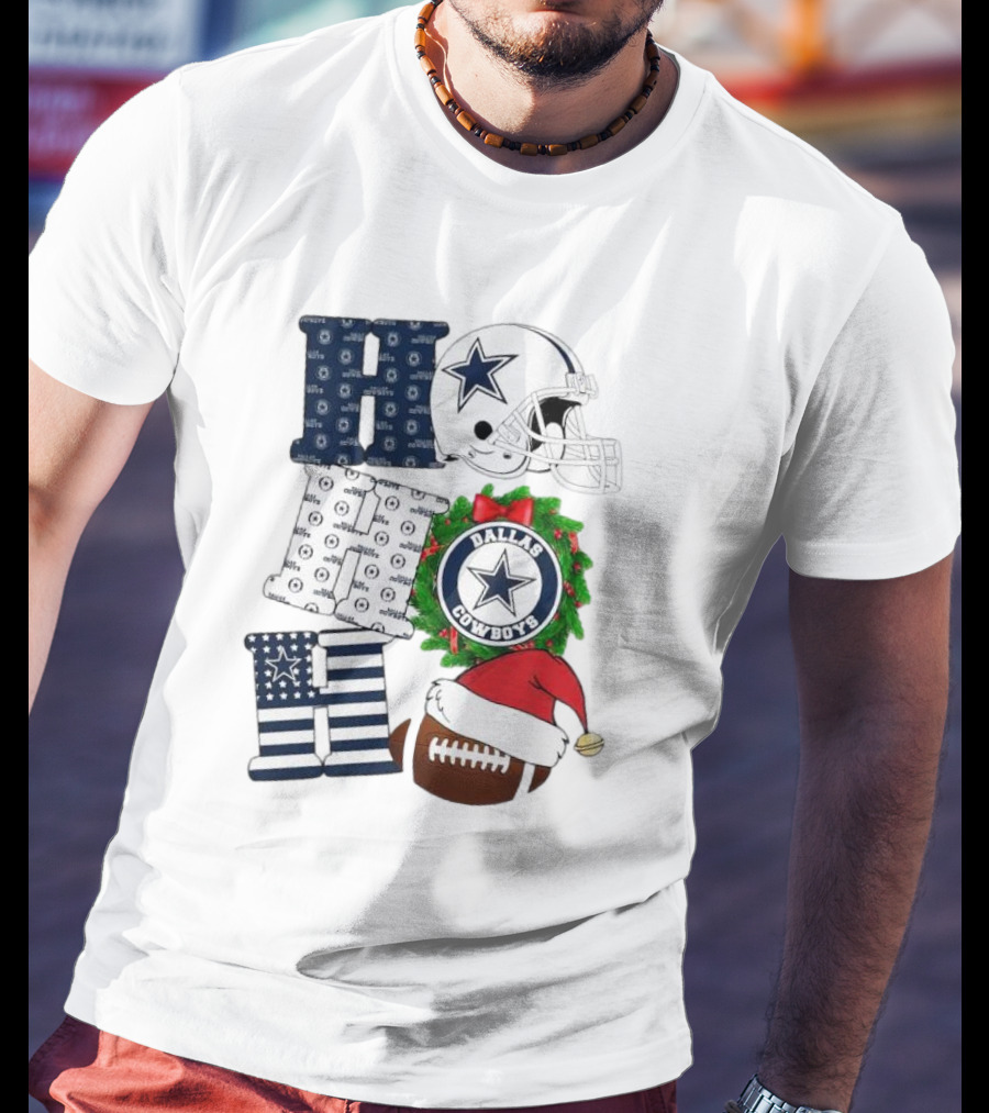 Dallas Cowboys Helmet Wreath Football Christmas Ho Ho Ho Merry Christmas T-Shirt