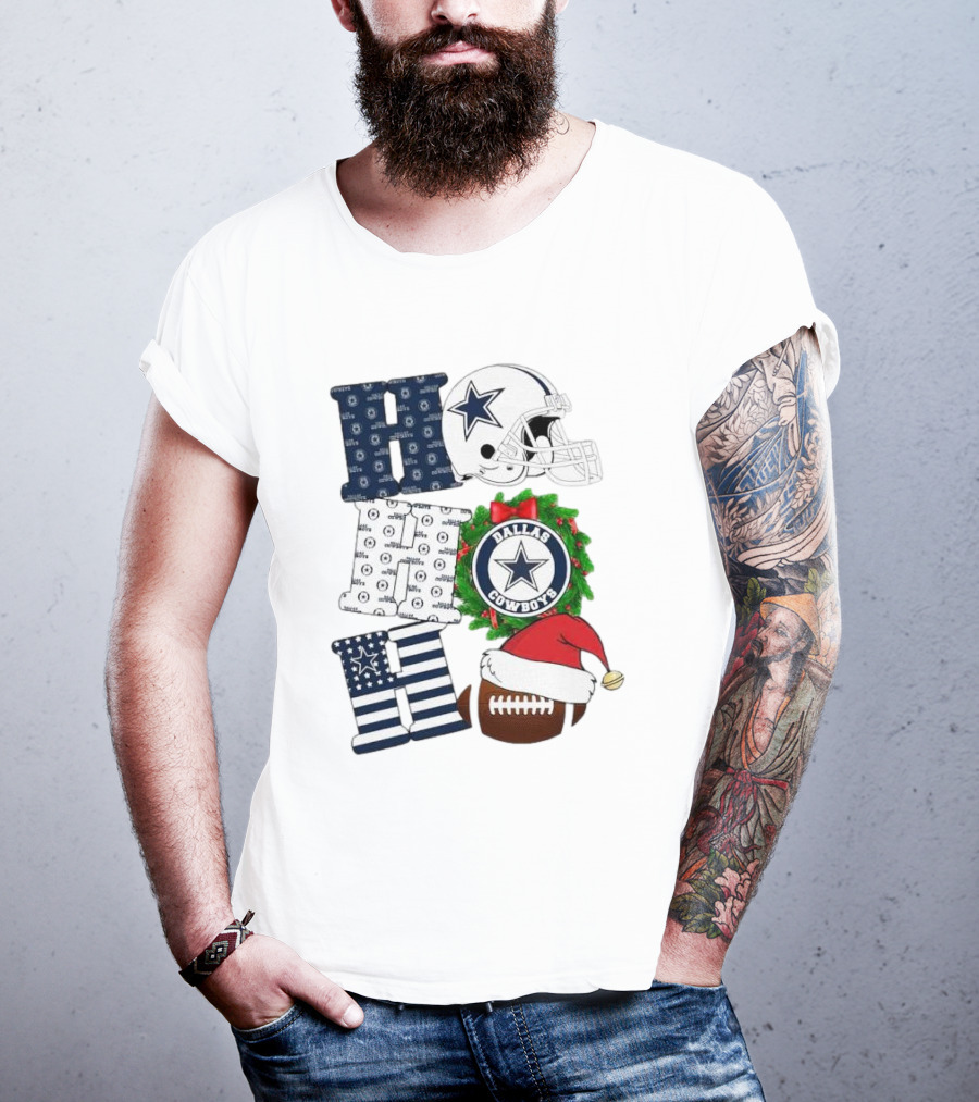 Dallas Cowboys Helmet Wreath Football Christmas Ho Ho Ho Merry Christmas T-Shirt