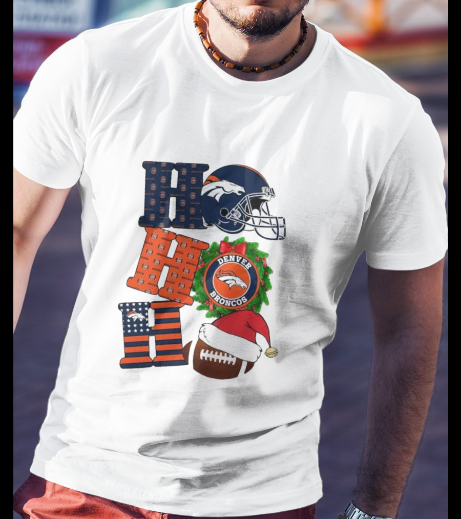 Denver Broncos Ho Ho Ho Merry Christmas Football Helmet Wreath Santa Hat Holiday T-Shirt