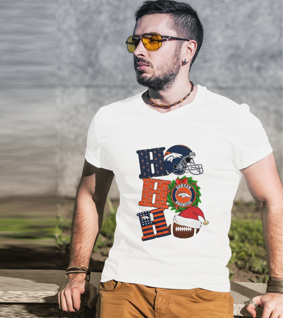 Denver Broncos Ho Ho Ho Merry Christmas Football Helmet Wreath Santa Hat Holiday T-Shirt
