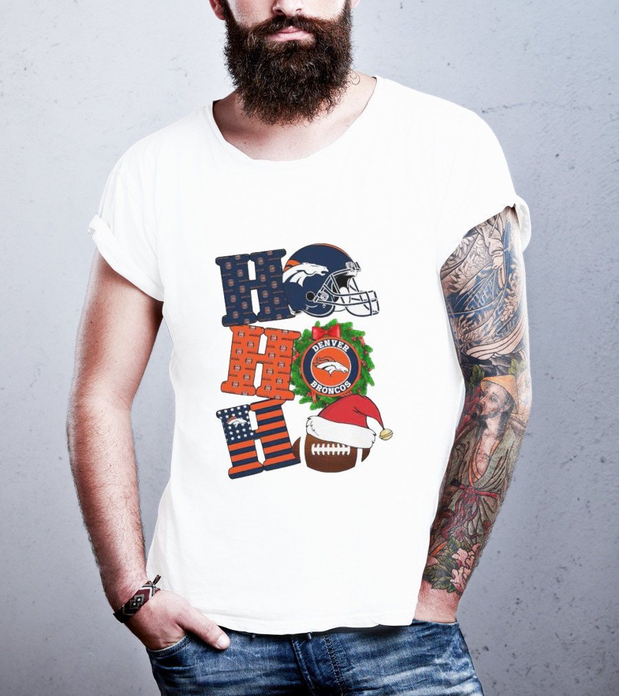 Denver Broncos Ho Ho Ho Merry Christmas Football Helmet Wreath Santa Hat Holiday T-Shirt