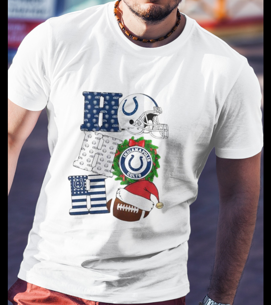 Indianapolis Colts Ho Ho Ho Merry Christmas Football Festive Logo Helmet Wreath Santa Hat T-Shirt
