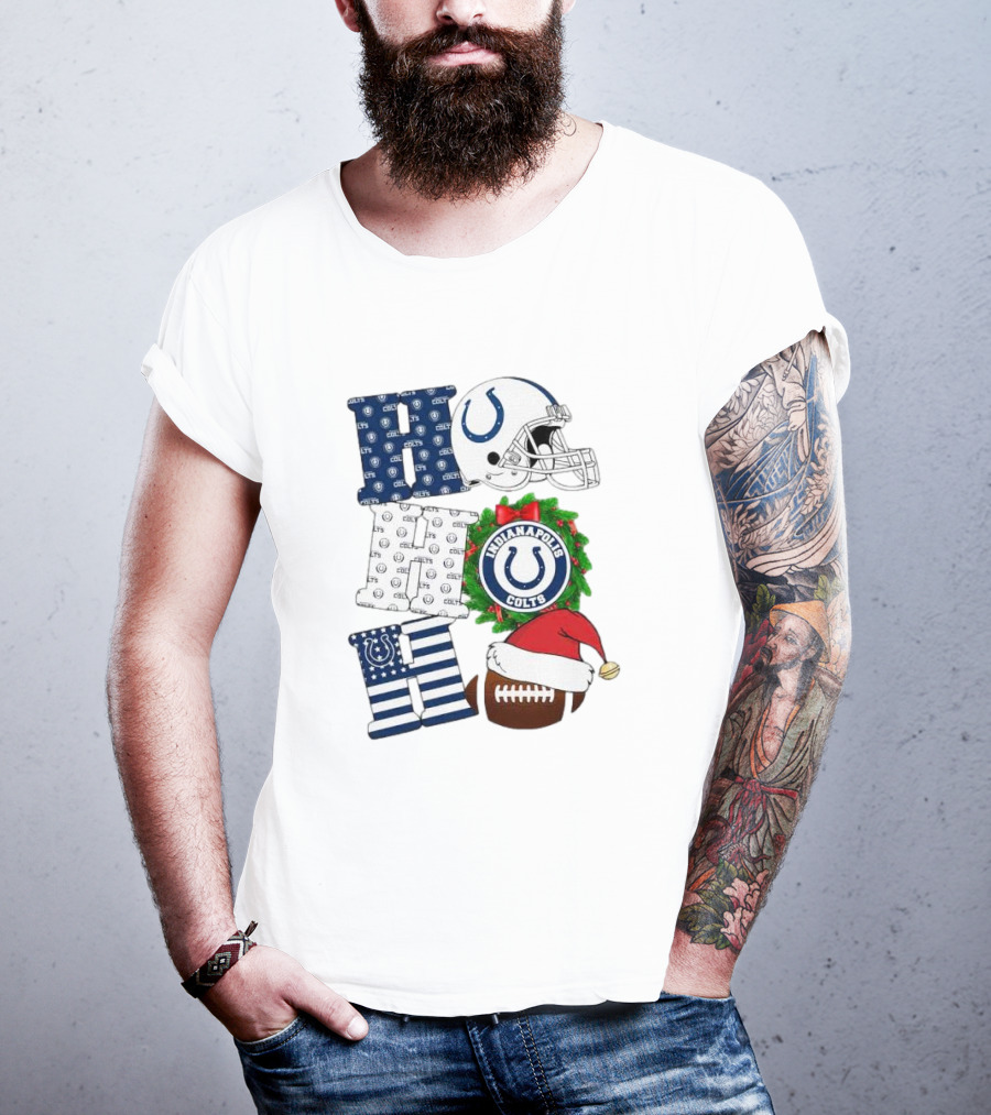 Indianapolis Colts Ho Ho Ho Merry Christmas Football Festive Logo Helmet Wreath Santa Hat T-Shirt