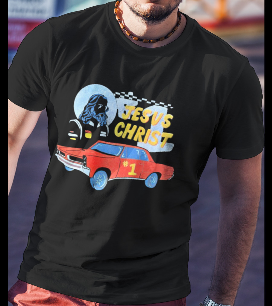 Jesus Christ Racing Champion With Red Car And Checkered Flag T-Shirt