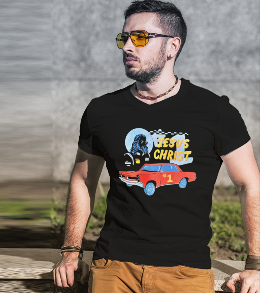 Jesus Christ Racing Champion With Red Car And Checkered Flag T-Shirt