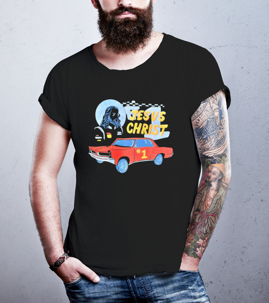 Jesus Christ Racing Champion With Red Car And Checkered Flag T-Shirt