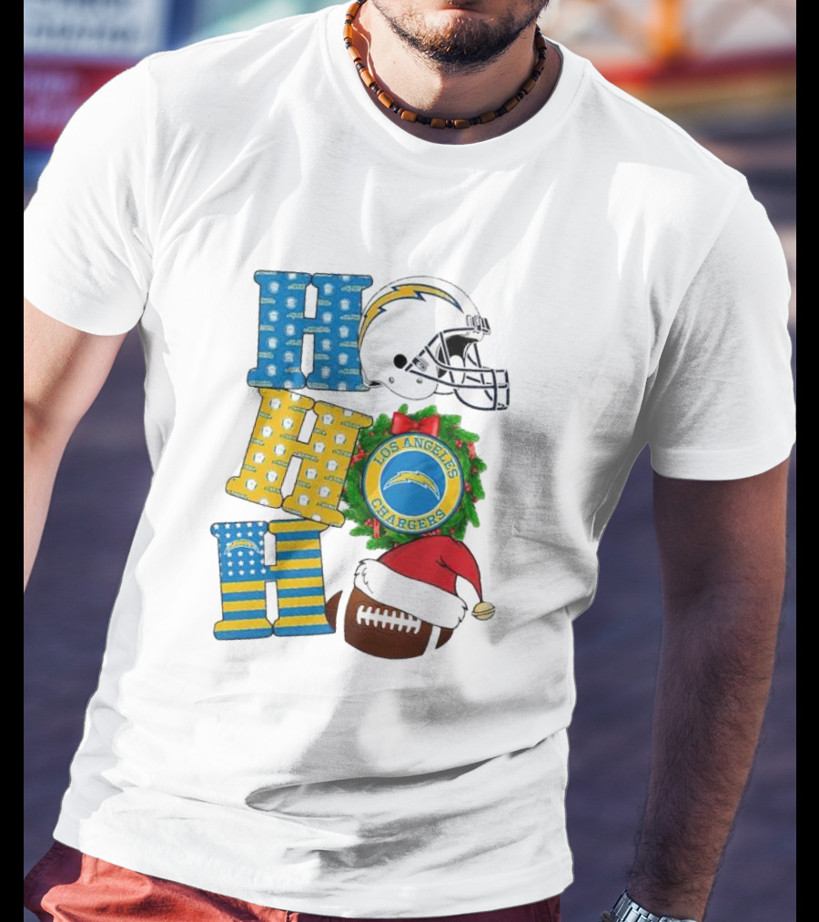 Los Angeles Chargers Ho Ho Ho Merry Christmas Wreath Helmet Football Santa Hat Featured T-Shirt