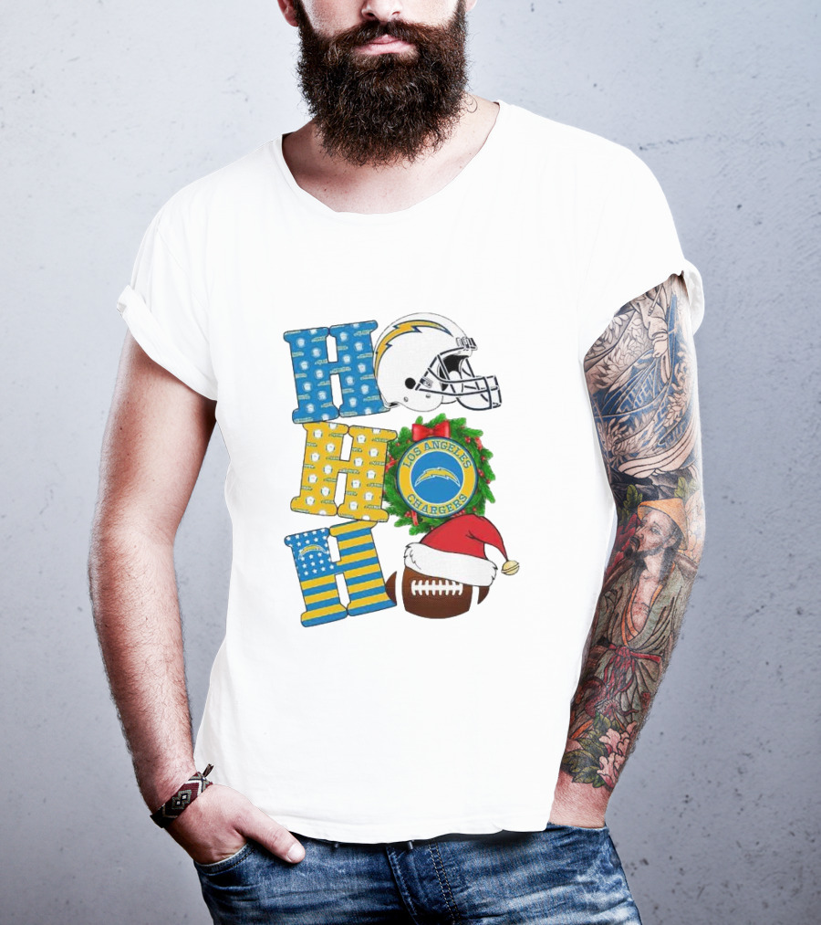 Los Angeles Chargers Ho Ho Ho Merry Christmas Wreath Helmet Football Santa Hat Featured T-Shirt