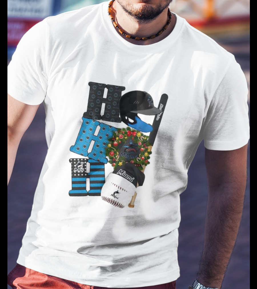 Miami Marlins Ho Ho Ho Merry Christmas Baseball Wreath Socks Helmet Batcap T-Shirt