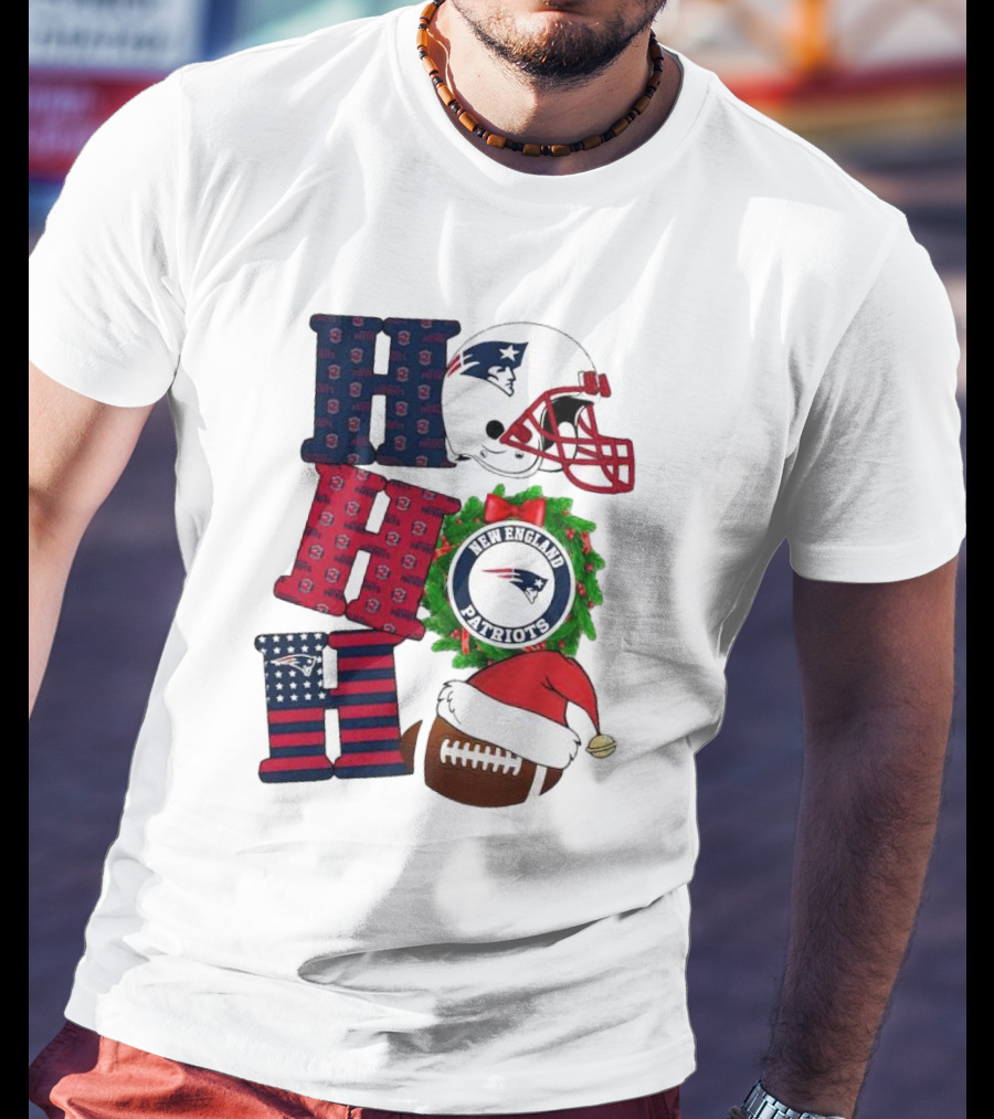 New England Patriots Ho Ho Ho Merry Christmas Football Helmet Wreath Santa Hat Football T-Shirt