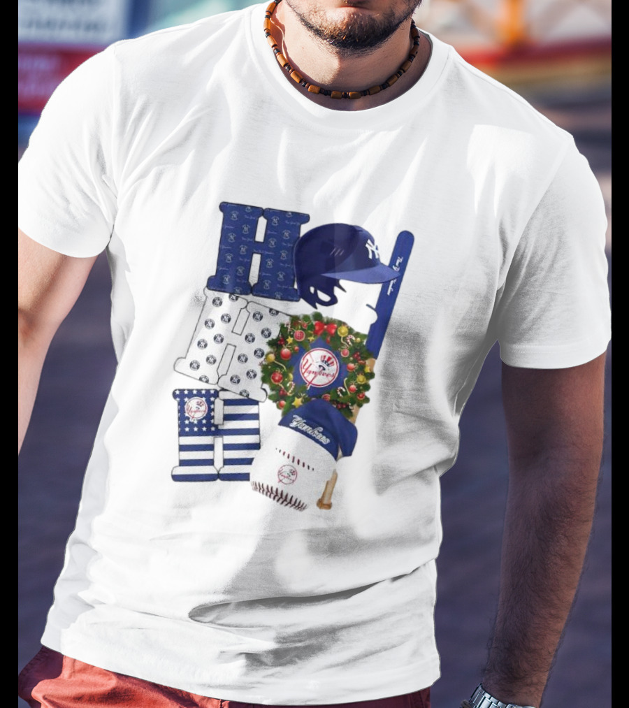 New York Yankees Ho Ho Ho Merry Christmas Yankees Caps Wreath Baseball Bat T-Shirt
