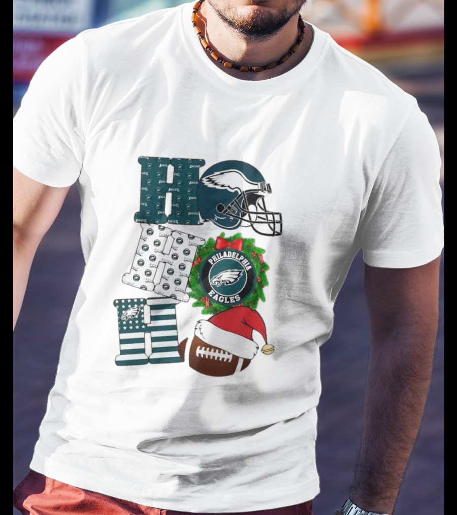 Philadelphia Eagles Ho Ho Ho Merry Christmas Football Helmet Wreath Santa Hat T-Shirt