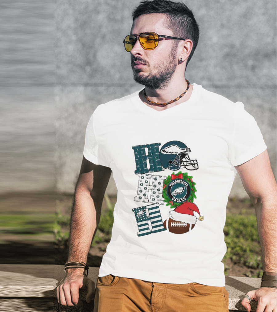 Philadelphia Eagles Ho Ho Ho Merry Christmas Football Helmet Wreath Santa Hat T-Shirt