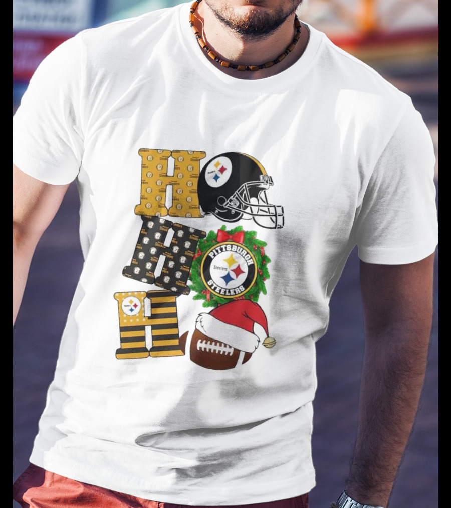 Pittsburgh Steelers Ho Ho Ho Merry Christmas Football Helmet Wreath Santa Hat T-Shirt