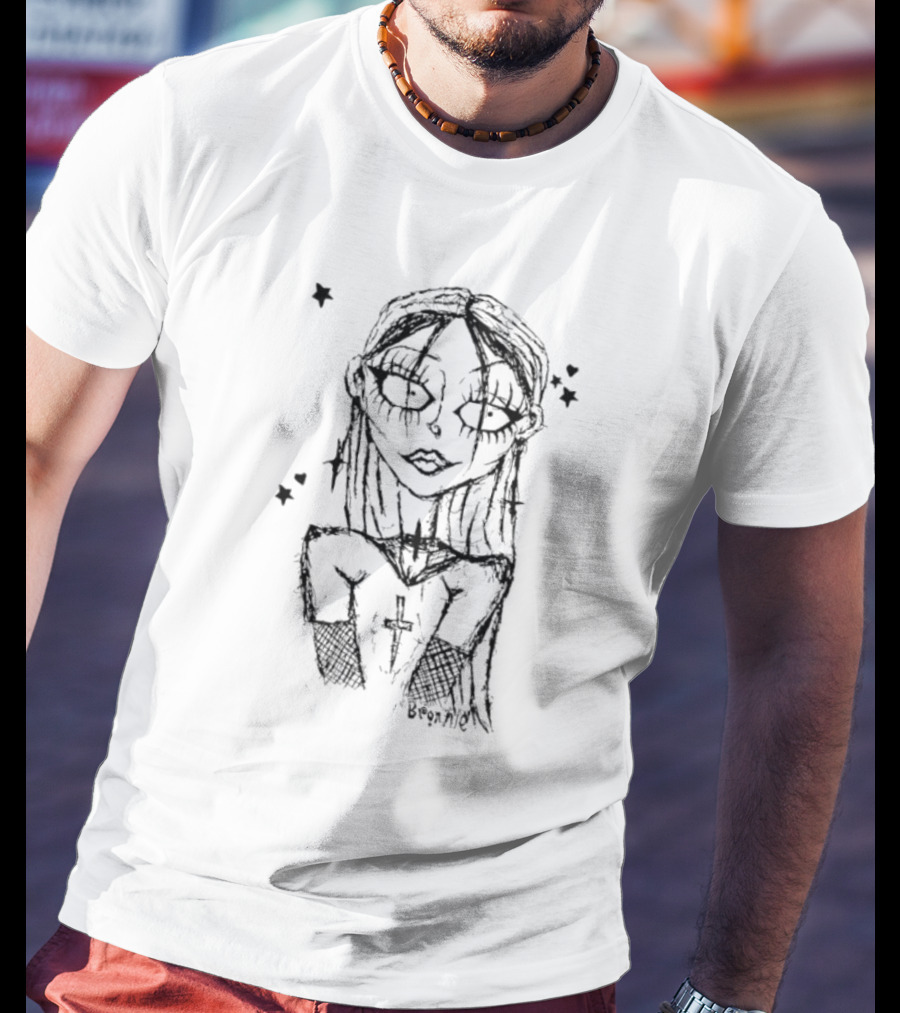 Cream Sketch Bronnie Gothic Character With Cross And Stars T-Shirt
