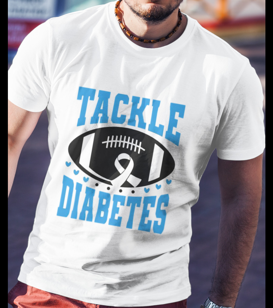 Tackle Diabetes Awareness Football Design With Blue Ribbon And Hearts T-Shirt