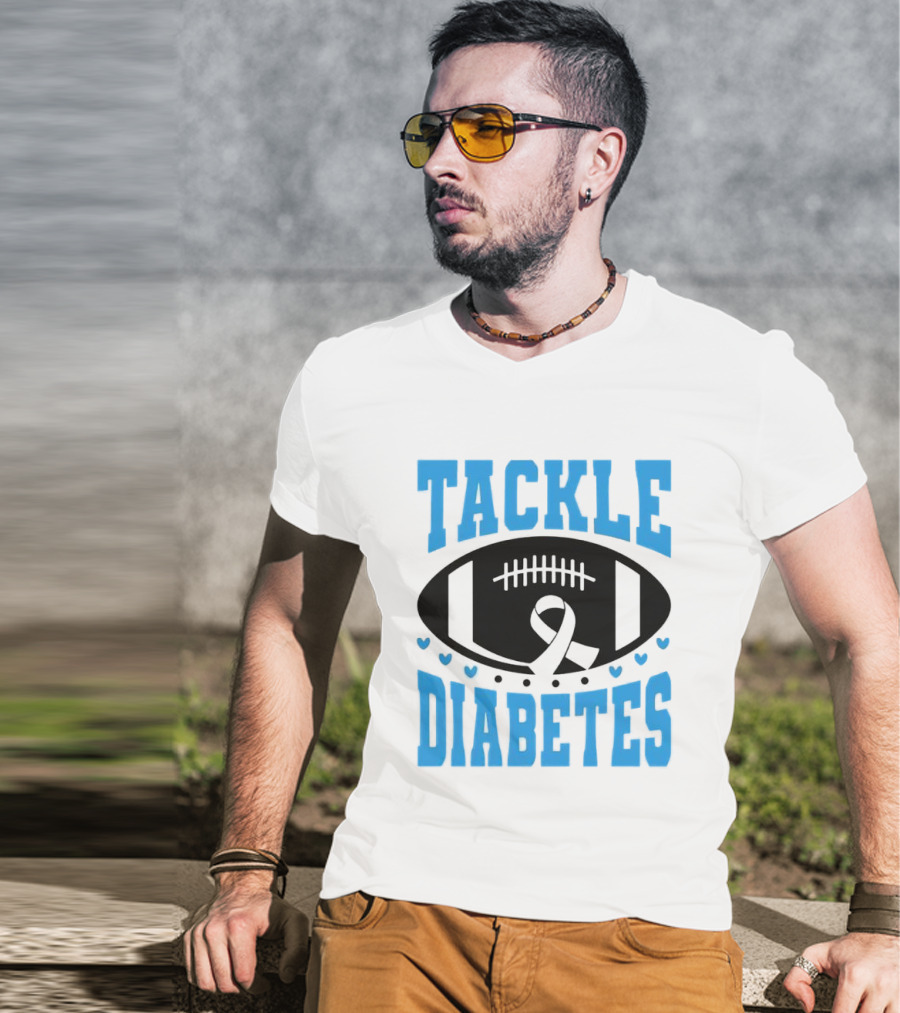 Tackle Diabetes Awareness Football Design With Blue Ribbon And Hearts T-Shirt