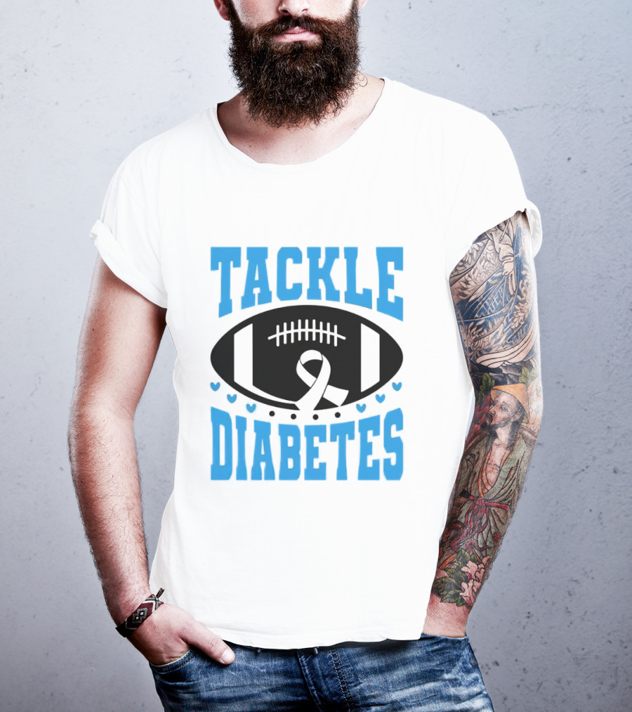 Tackle Diabetes Awareness Football Design With Blue Ribbon And Hearts T-Shirt