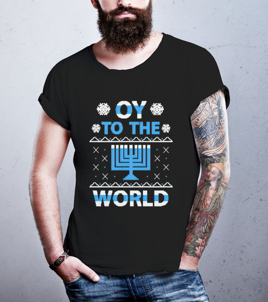 Oy To The World Happy Hanukkah Menorah Snowflakes T-Shirt