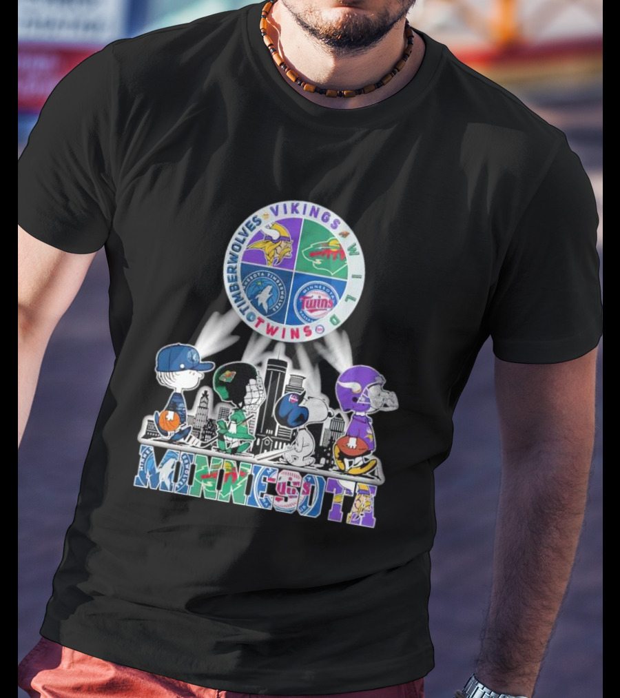 Peanuts Characters Minnesota Vikings Timberwolves Wild Twins Walking In Minnesota T-Shirt